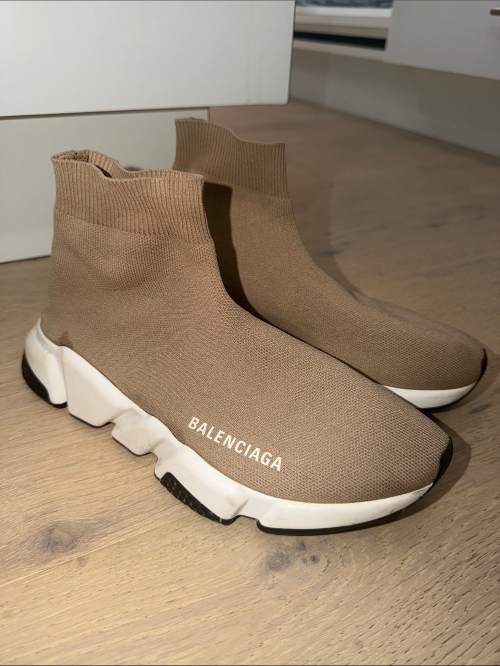 Balenciaga Men’s Camel Knit Sock Sneakers with White Sole
